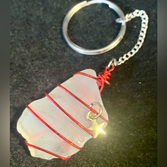 Seaglass Key Chain White Wrapped in Red Wire with Gold Star Cape Breton Island - Picture 2 of 5